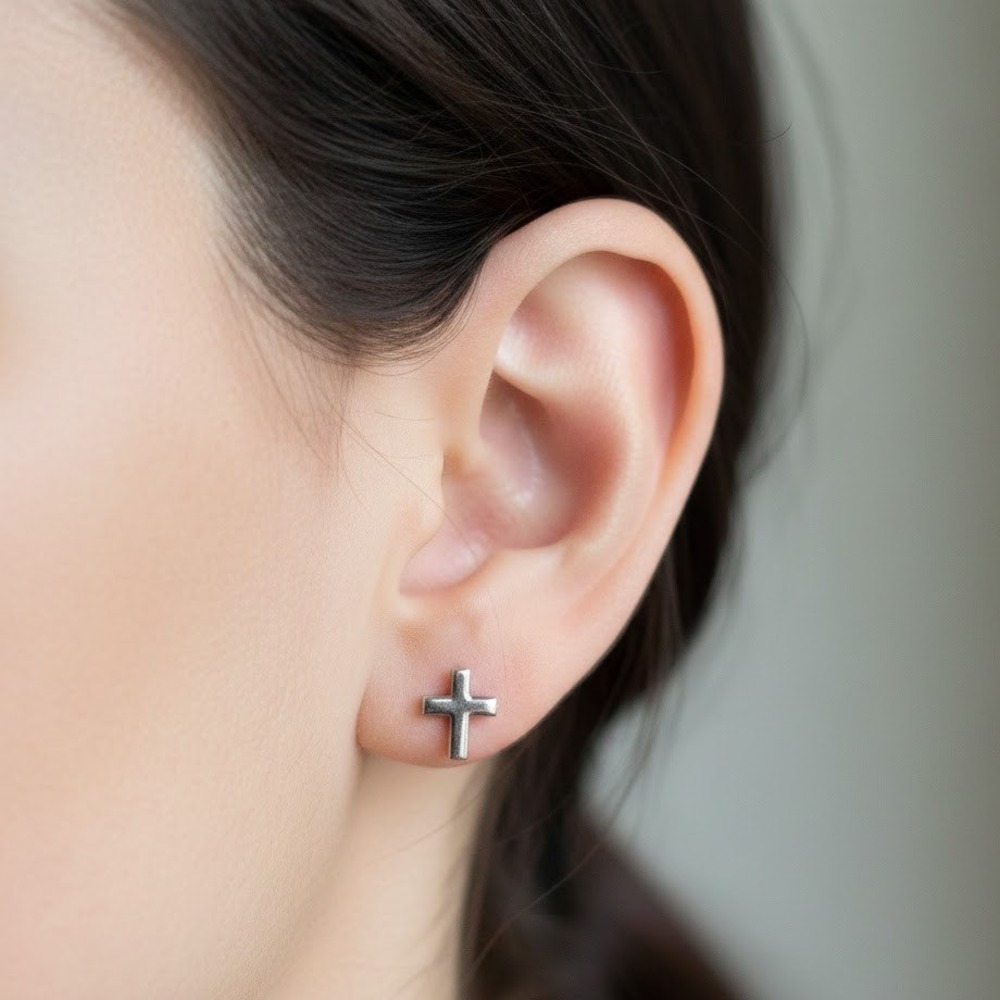 Tiny Sterling Silver Cross Stud‎ Earrings Religious Christian Minimalist Small